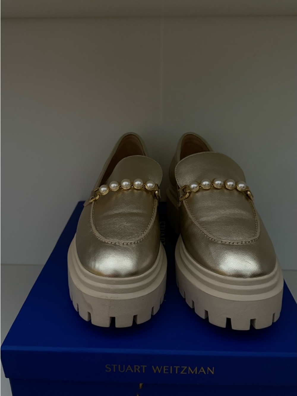 Stuart Weitzman Perla Pearl & Gold-Trim Platform Loafers